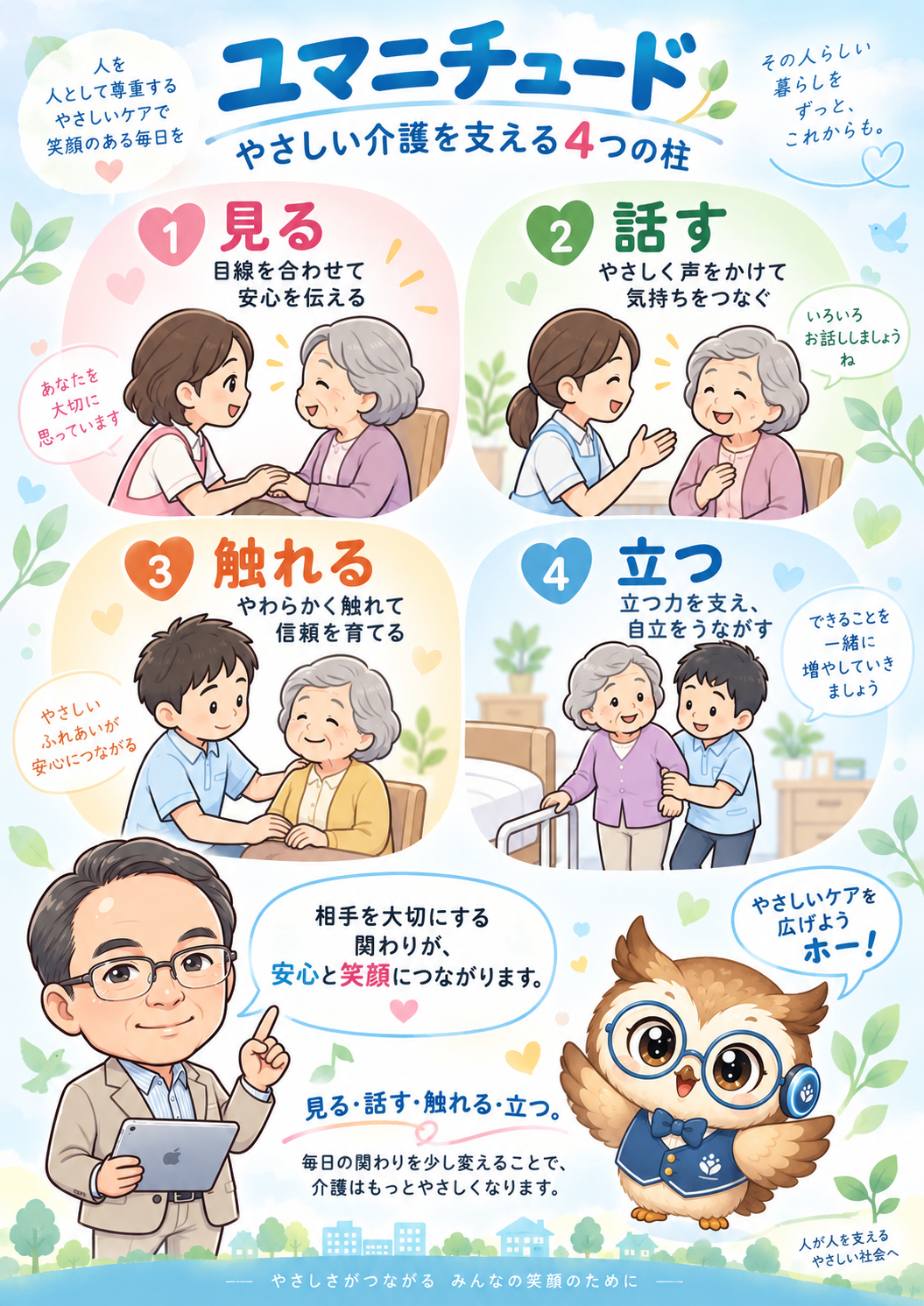 ユマニチュードのやさしい介護を支える4つの柱(見る・話す・触れる・立つ)