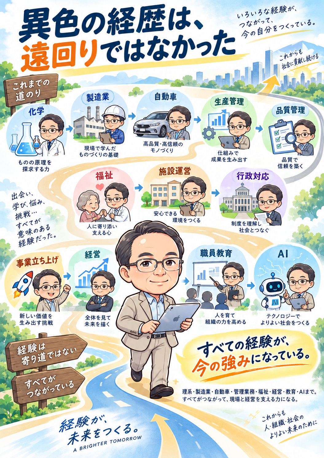 化学から自動車、福祉まで、異色の経歴がすべてつながっていることを表す図