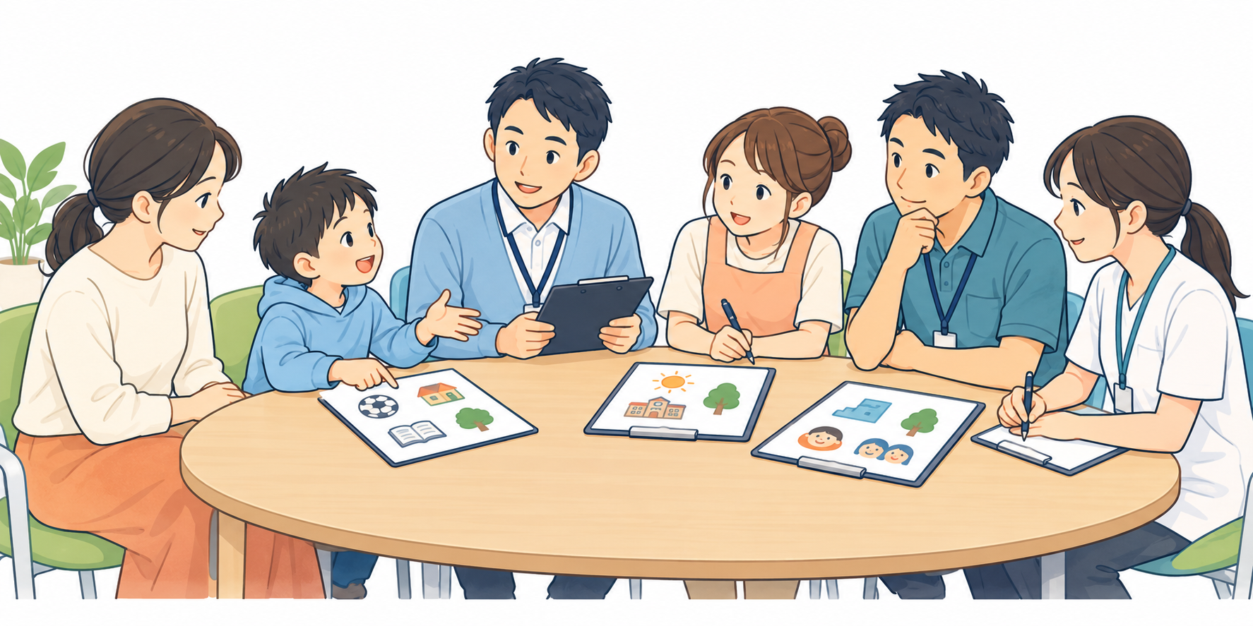 保護者や子ども、職員が円卓で個別支援計画について話し合うイラスト